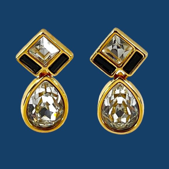 Swarovski Crystal Drop Earrings Clear Teardrop & Black Accent Stones Gold Tone - Picture 1 of 5